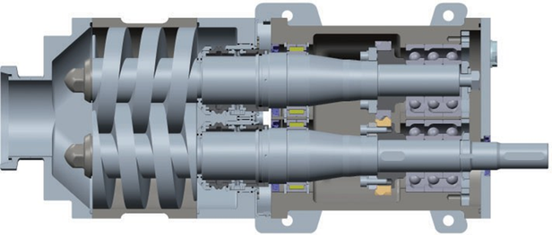 Cross-section of the TOFLOW PDS pump showing screws, seals, and gearbox